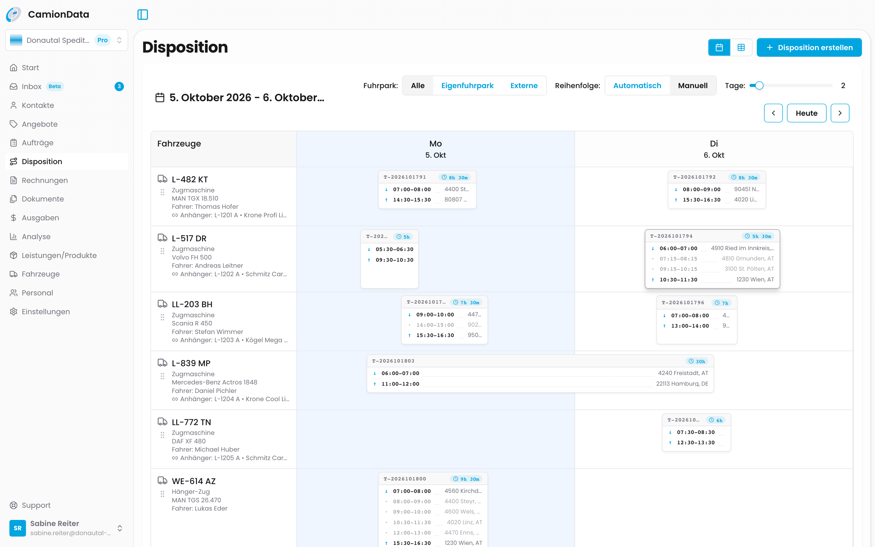 Disposition in CamionDATA: Fahrzeugkalender mit Touren, Fahrern und Anhängern für die aktuelle Woche