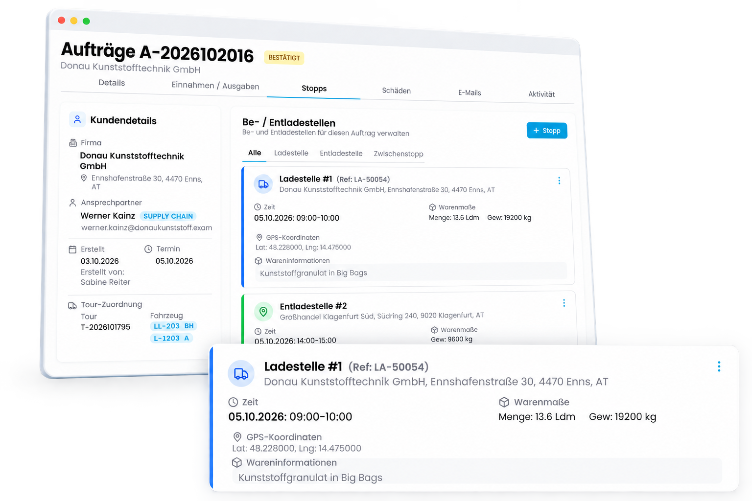 Auftrag in CamionDATA mit Kundendaten, Tour-Zuordnung sowie Be- und Entladestellen