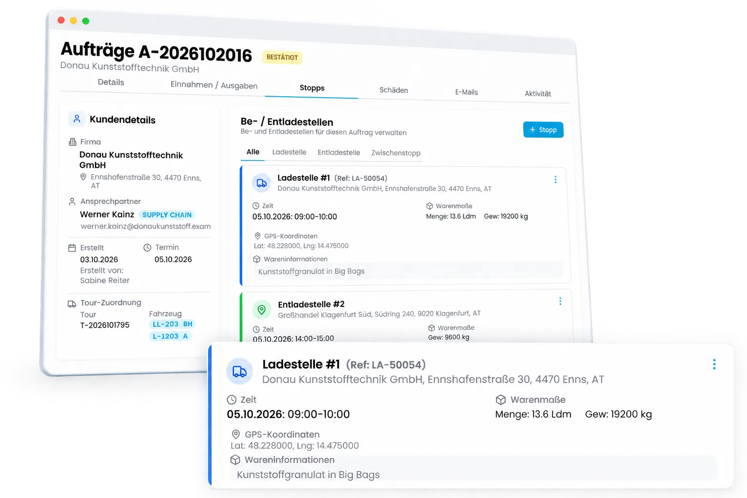 Auftrag in CamionDATA mit Kundendaten, Tour-Zuordnung sowie Be- und Entladestellen