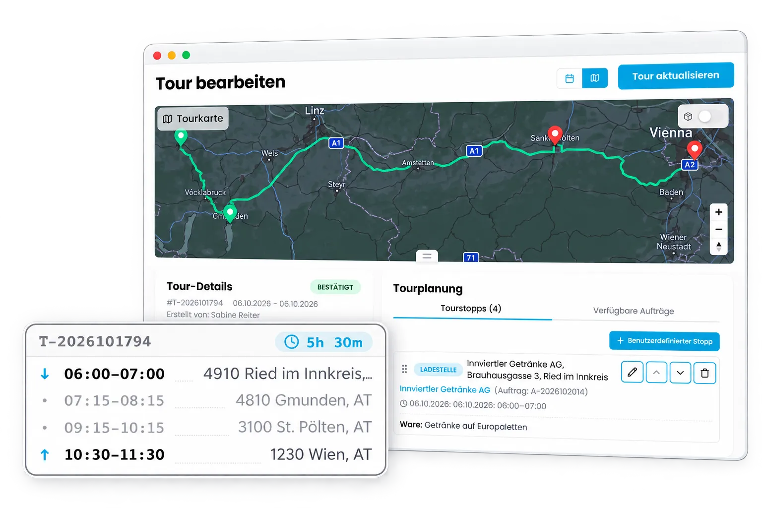 Tour bearbeiten in CamionDATA: Route auf der Karte und Tourkarte mit Zeiten und Stopps