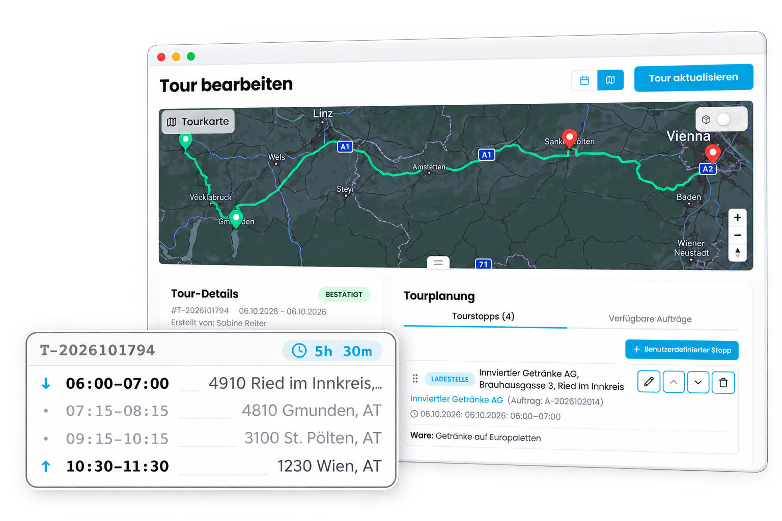Tour bearbeiten in CamionDATA: Route auf der Karte und Tourkarte mit Zeiten und Stopps