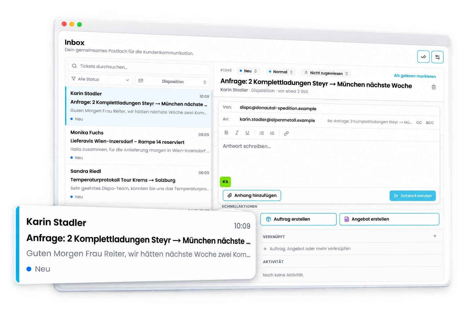 Gemeinsame Inbox in CamionDATA mit Kundenanfrage und Schnellaktionen für Auftrag und Angebot