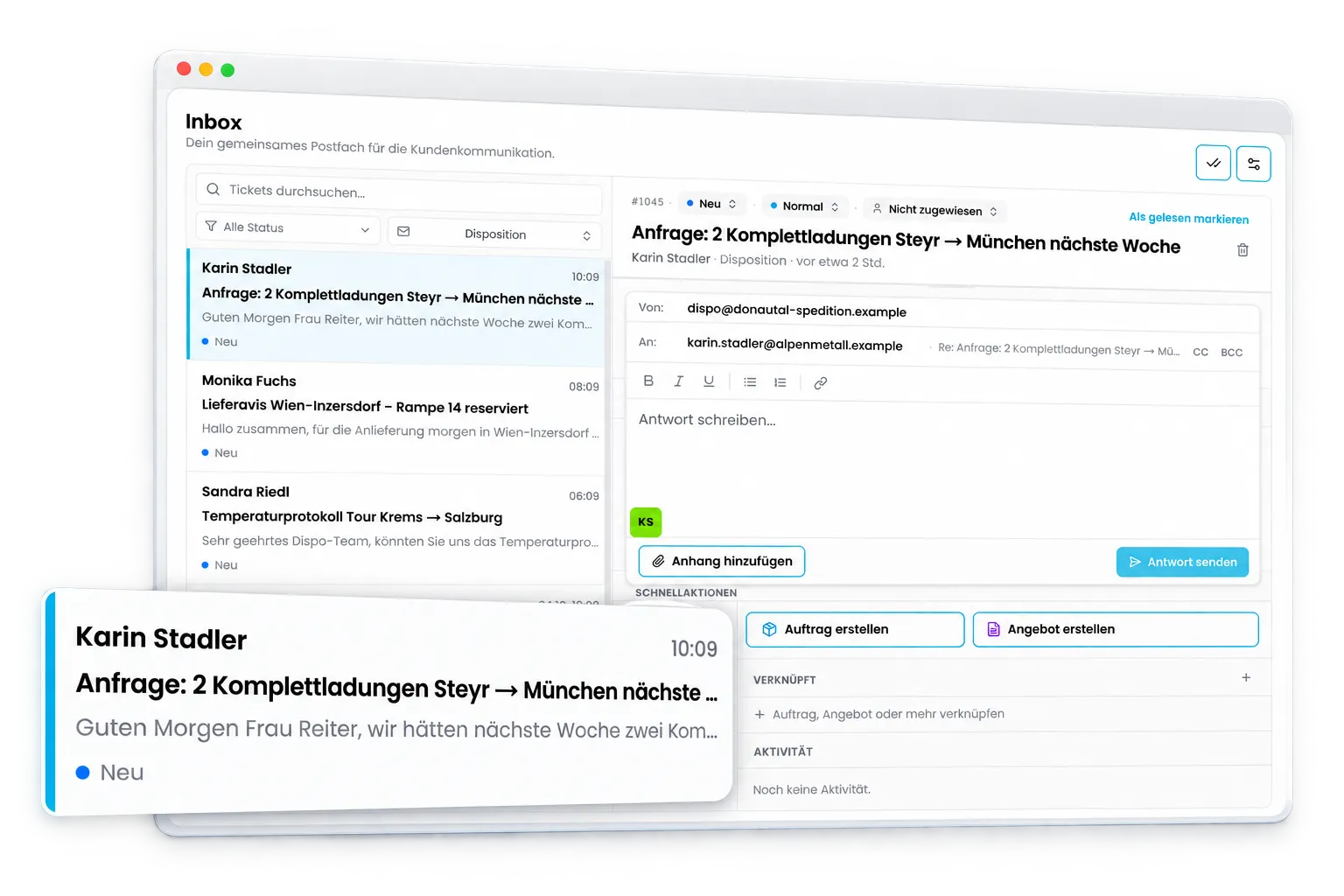 Gemeinsame Inbox in CamionDATA mit Kundenanfrage und Schnellaktionen für Auftrag und Angebot