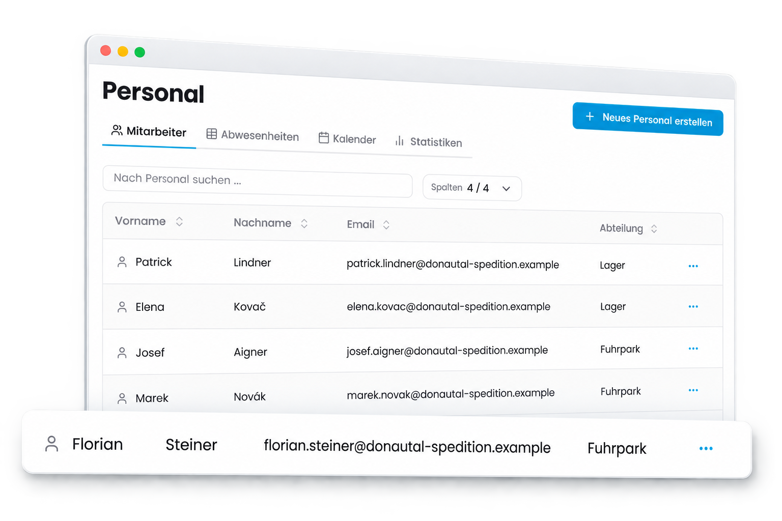 Personalliste in CamionDATA mit Fahrern und Abteilungen