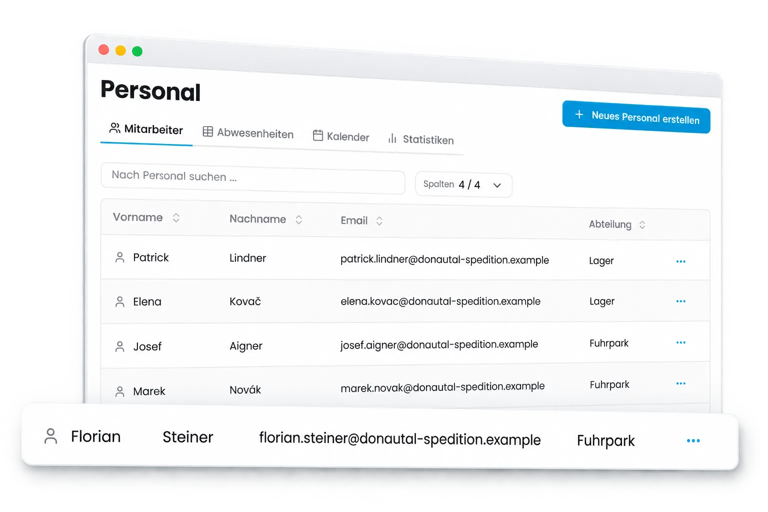 Personalliste in CamionDATA mit Fahrern und Abteilungen