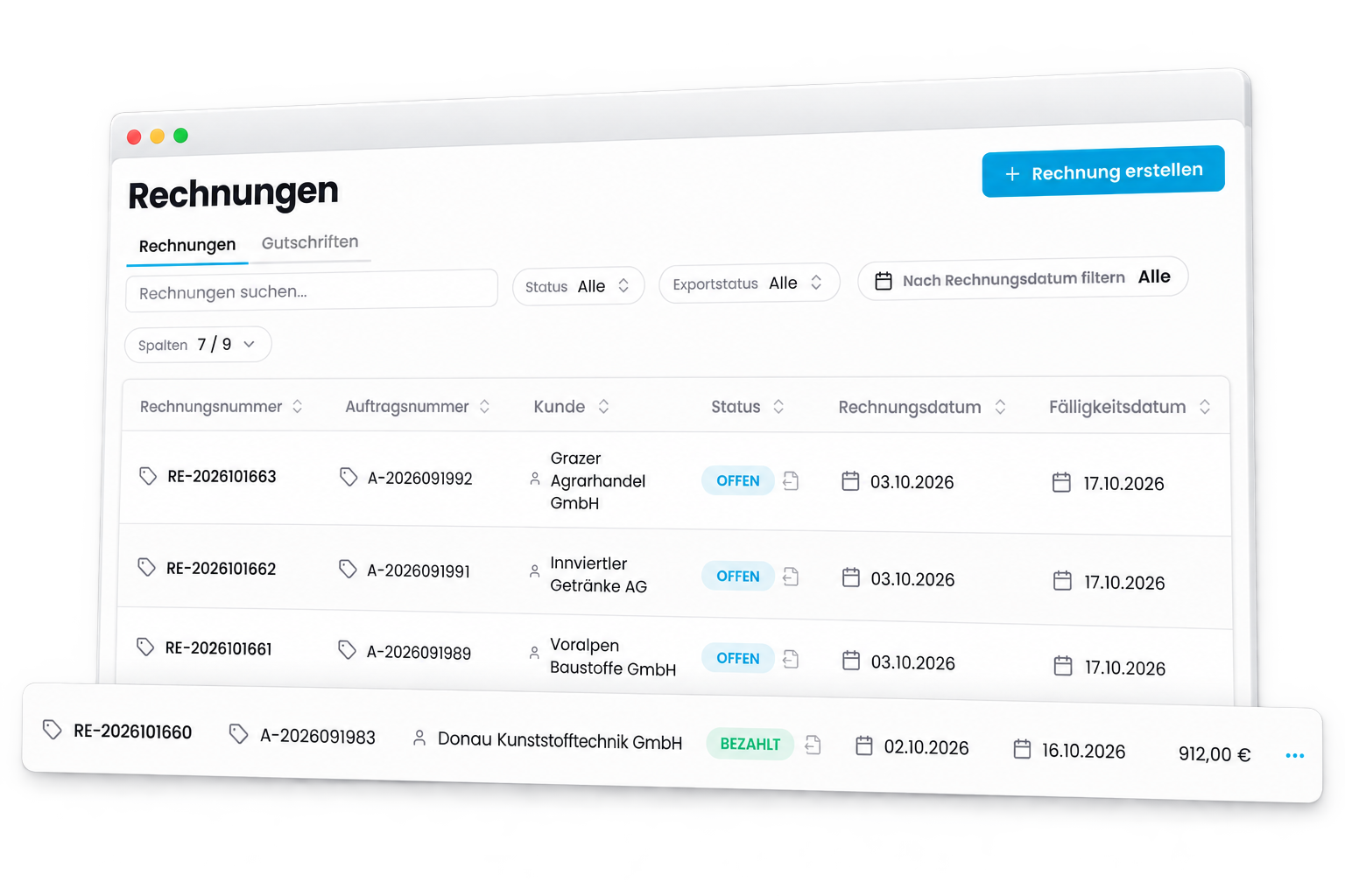 Rechnungsliste in CamionDATA mit Status, Rechnungs- und Fälligkeitsdatum