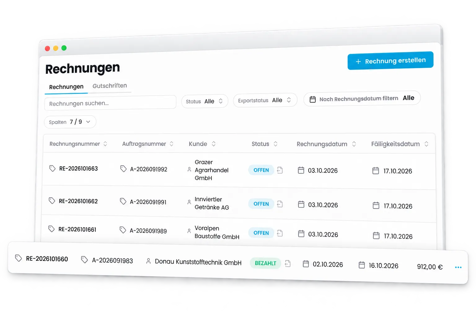 Rechnungsliste in CamionDATA mit Status, Rechnungs- und Fälligkeitsdatum